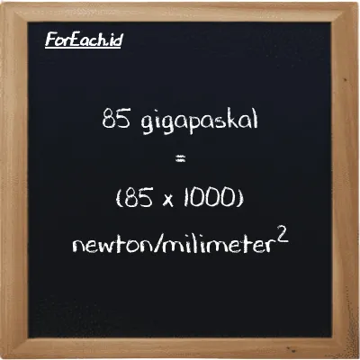 Cara konversi gigapaskal ke newton/milimeter<sup>2</sup> (GPa ke N/mm<sup>2</sup>): 85 gigapaskal (GPa) setara dengan 85 dikalikan dengan 1000 newton/milimeter<sup>2</sup> (N/mm<sup>2</sup>)
